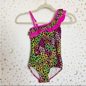 Girls One Shoulder Ruffle Rainbow Cheetah One Piece Swimsuit